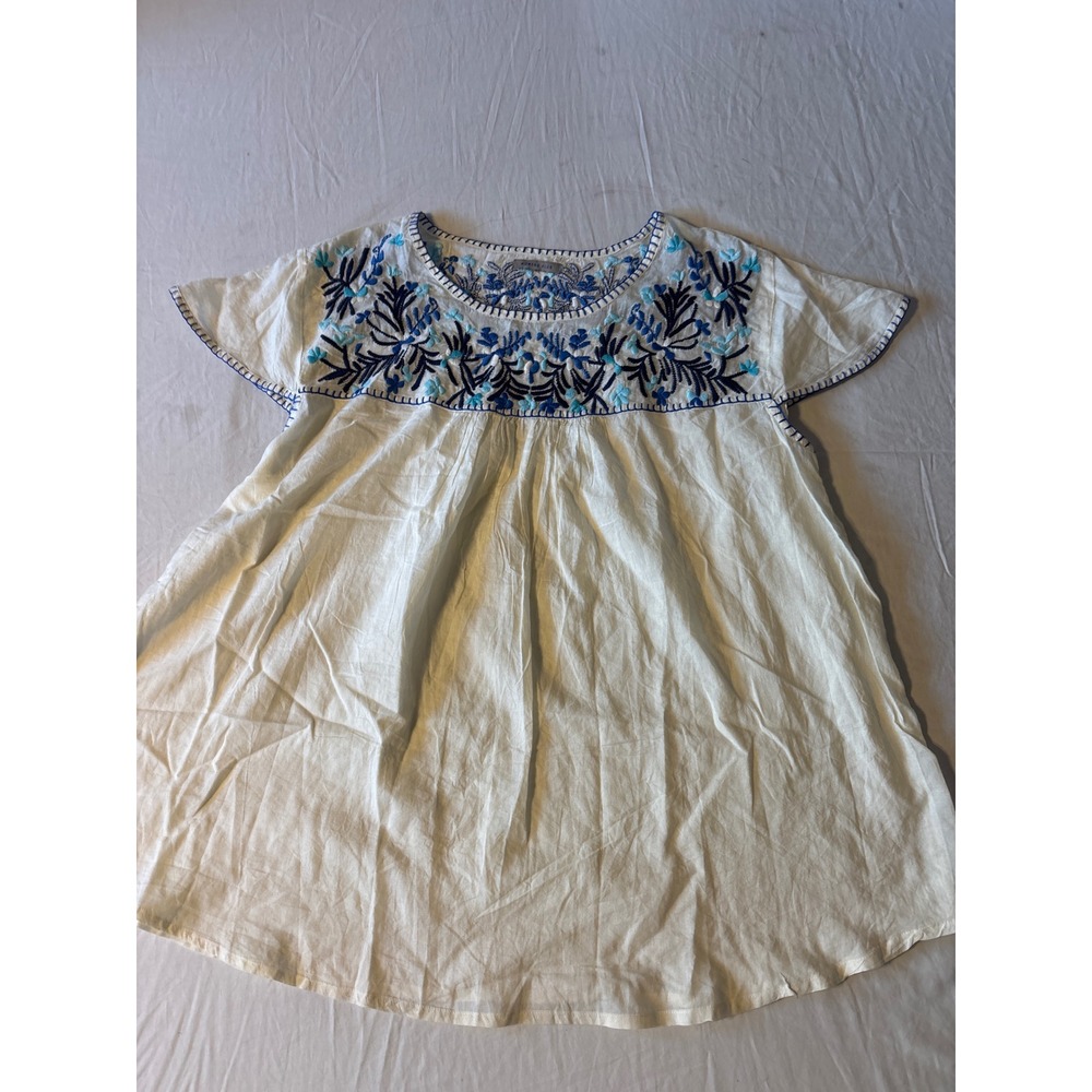 Womens Plus Blouse 1X White Blue Floral Embroidered Peasant Top